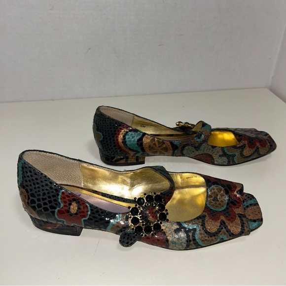 Shoes - Hale Bob Peep Toe Floral Snake Embossed Leather Mary Jane Flat